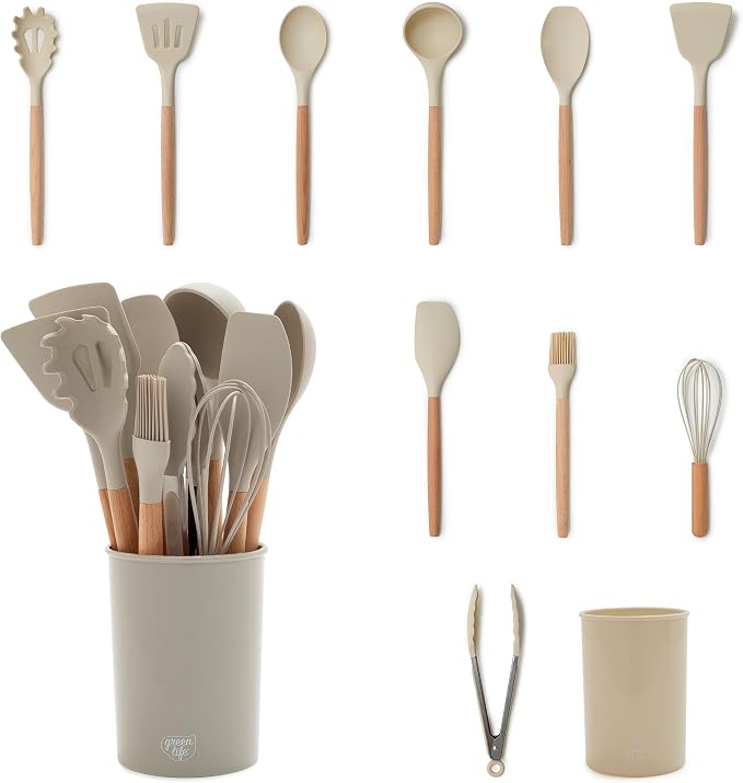 GreenLife 11 Piece Silicone Utensil Crock Set, Nonstick Kitchen Tools, Slotted by GreenLife
