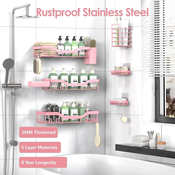 NESOMI Shower Caddy Adhesive Shower Organizer 8-Pack, Rustproof Stainless Steel - Image 5