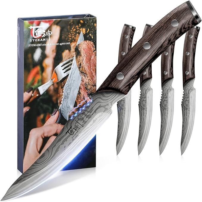 SYOKAMI Steak Knives Set of 4, 4.8 Inch Quality Japanese Style Smooth Edge Meat by SYOKAMI