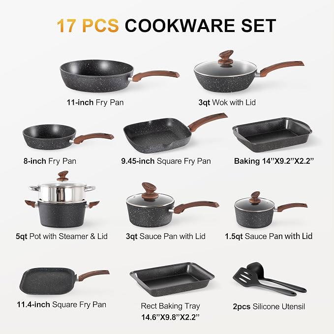 DishDelight 17 Piece Pots and Pans Set Non Stick, Nonstick Induction Granite - Image 7