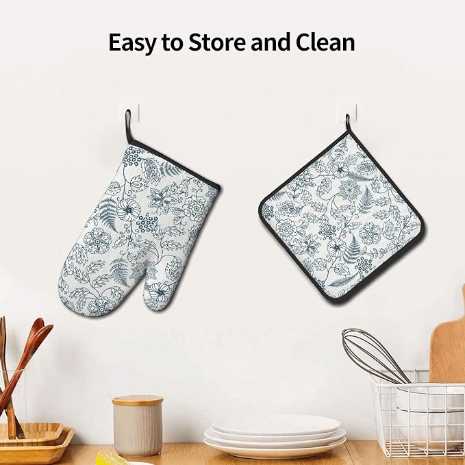Blue Floral Oven Mitts Set – Vintage Pot Holders Kitchen Gloves - Image 6