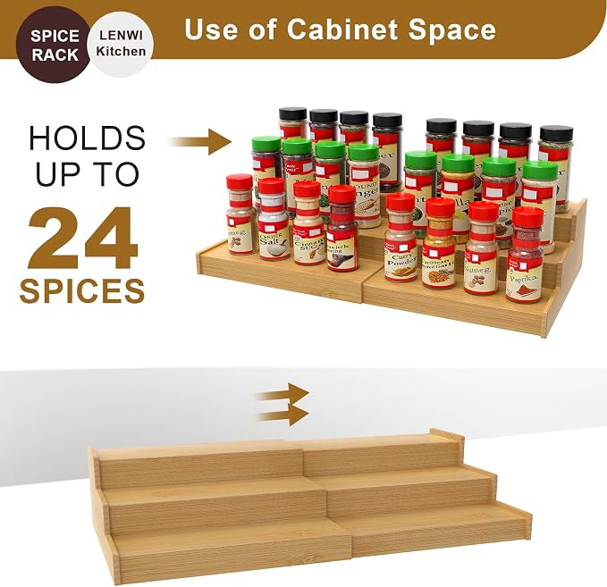Lenwi Spice Rack Organizer for Cabinet, 3 Tier Expandable Bamboo Spice Storage - Image 7