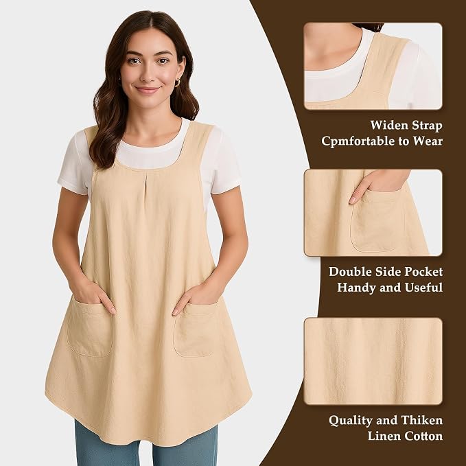 Apron for Women with Pocket Cotton Linen, Japanese Cross Back Apron for - Image 3