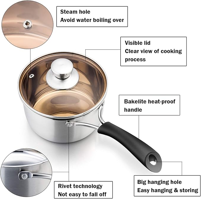 P&P CHEF 2 Quart Saucepan Small Pot, Stainless Steel Saucepan - Image 2