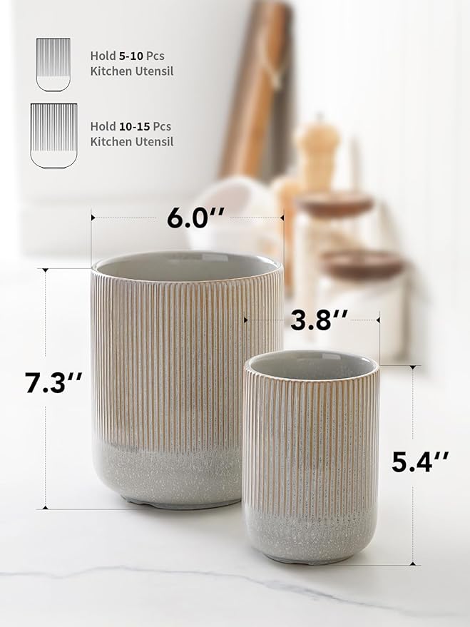 LE TAUCI Utensil Holder for Kitchen Counter, 7.3"+5.4" Fluted Ceramic Utensil - Image 5