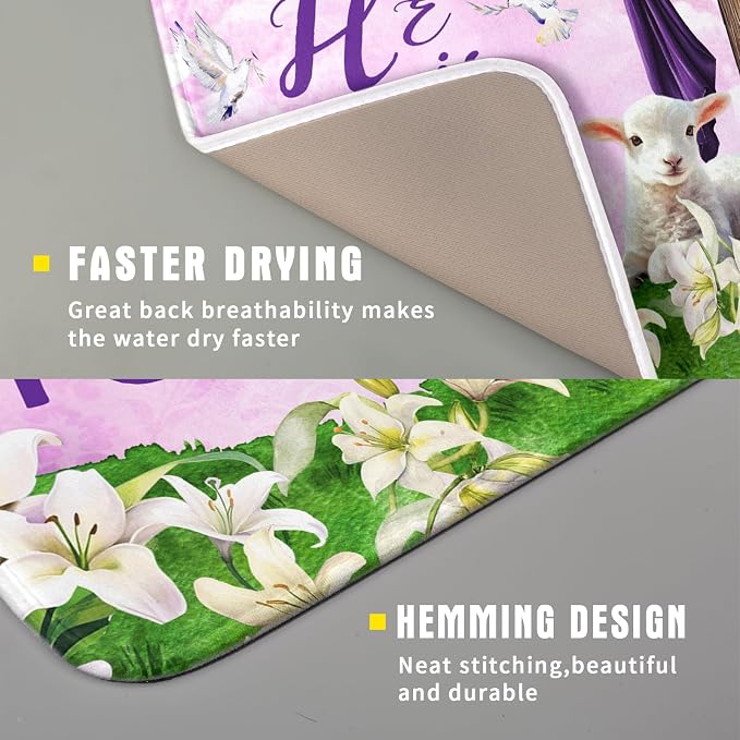 Giwawa Easter Purple Dish Drying Mat, He is Risen Cross Lamb Floral Dish - Image 3