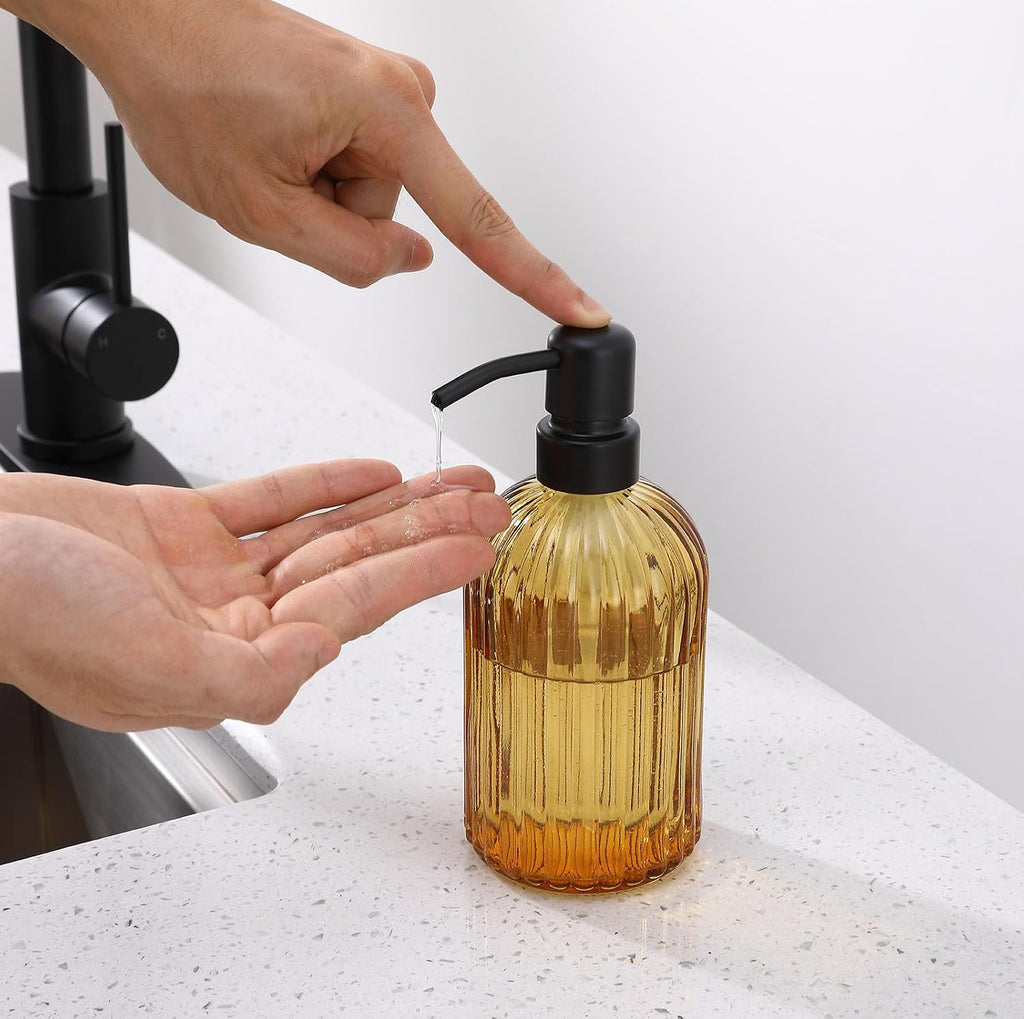 16 OZ Amber Glass Soap Dispenser, Amber Stripe Bathroom Hand Soap