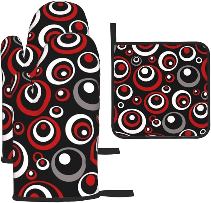Retro Red Circles Oven Mitt and Pot Holder Set by Unknown