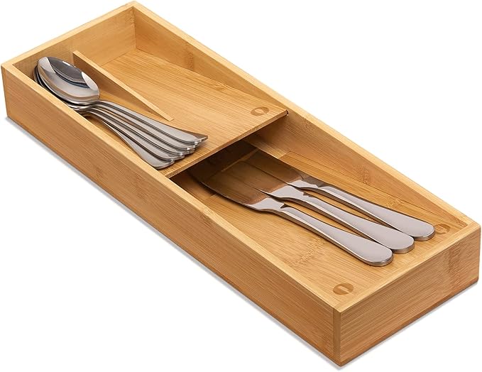 guiogc Bamboo Silverware Drawer Organizer, Kitchen Cutlery Tray, Utensil Holder by guiogc
