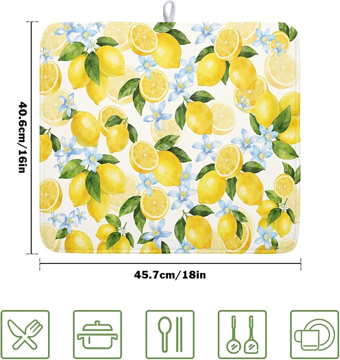 Kawani Lemon Dish Drying Mat 16x18 Inch Absorbent Reversible Spring Summer - Image 2