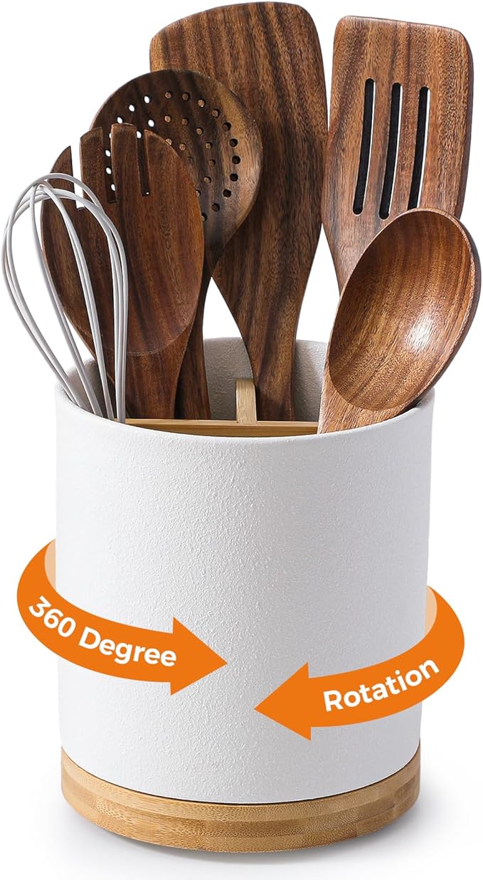 LoeJan 3 Compartment Utensil Holder, Extra Large Utensil Crock, Stable Ceramic by LoeJan