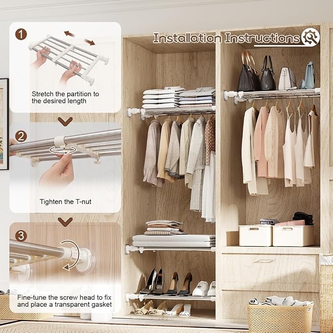Hershii Expandable Shelf Rod Closet System Heavy Duty Clothes Hanger Adjustable - Image 3
