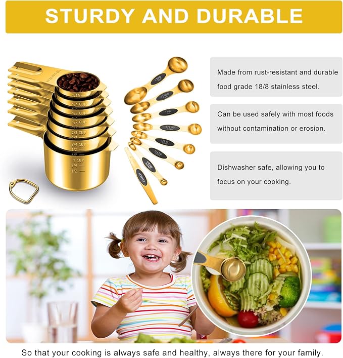 Gold Measuring Cups and Spoons Set of 15, 18/8 Stainless Steel, Includes 7 - Image 3