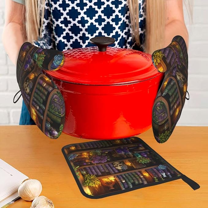 Witch Gothic Oven Mitts and Pot Holders Sets, Witchy Wicca Skull Baking Glovers - Image 7