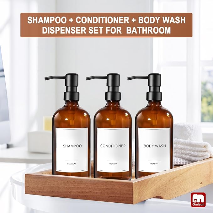 GMISUN Shampoo and Conditioner Dispenser, 3 Pack Amber Glass Bathroom Shampoo - Image 7