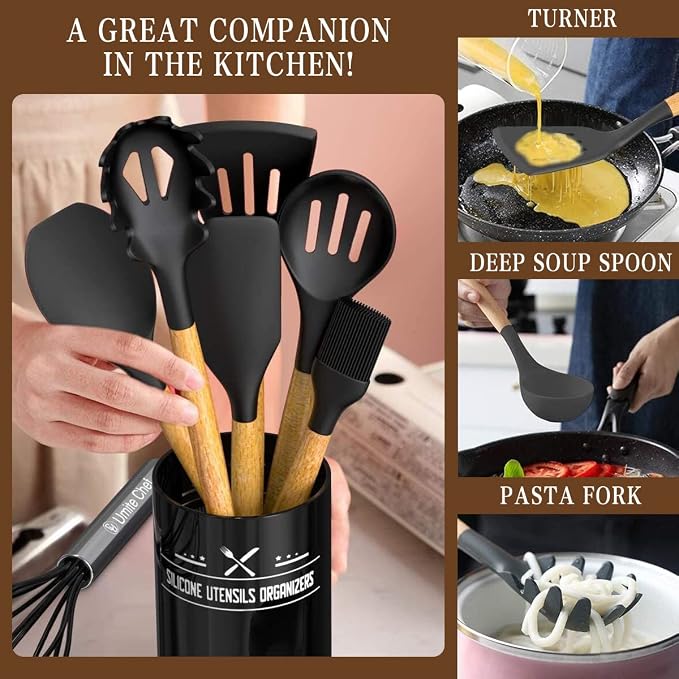 Umite Chef Kitchen Cooking Utensils Set, Wooden Handle Silicone Kitchen Gadgets - Image 7
