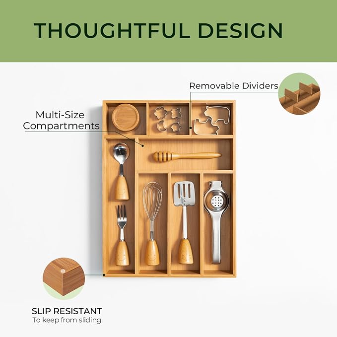 Carbonized Bamboo Kitchen Drawer Organizer, 8 Slots Silverware Organizer - Image 6
