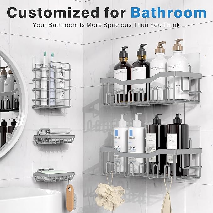 EUDELE 5-Pack Rustproof Stainless Steel Shower Caddy Set– No Drill Adhesive - Image 2