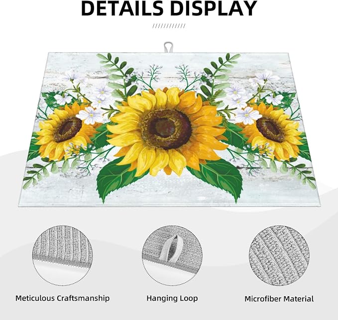 Sunflowers Dish Drying Mat XL Microfiber Kitchen Drying Mat Large Green Dish - Image 3