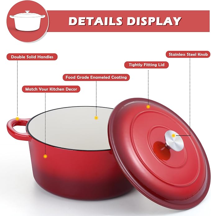 TeamFar Enameled Cast Iron Dutch Oven, 6 Quart Pot - Image 3