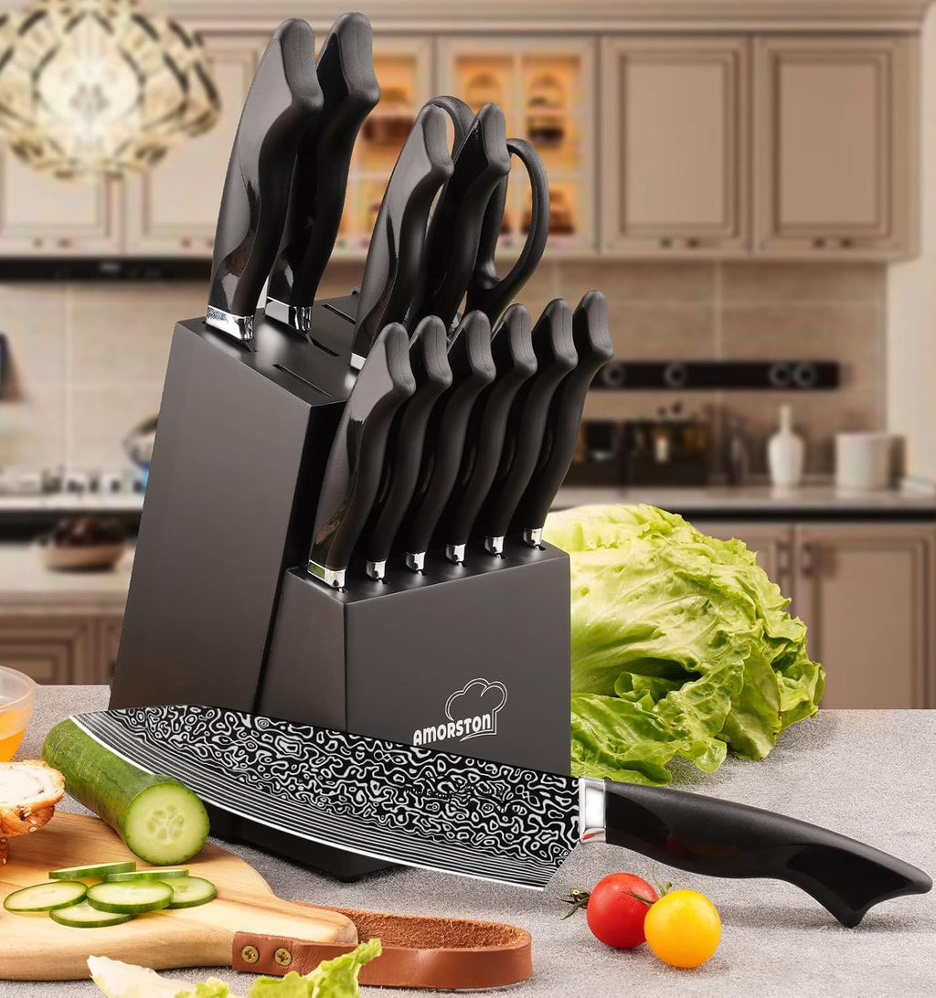 Knife Set, 15 Pieces Kitchen Knife Set with Built in Sharpener, High