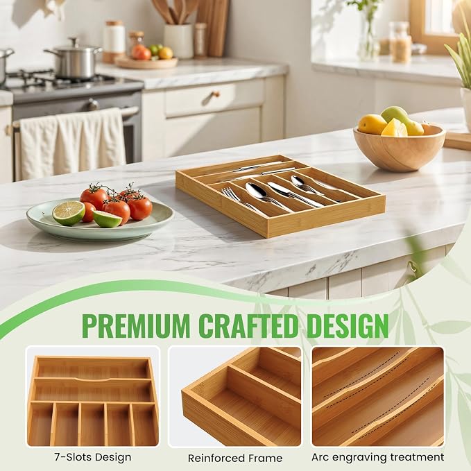 Bamboo Silverware Organizer, Bamboo Kitchen Drawer Cutlery Organizer, Utensil - Image 6