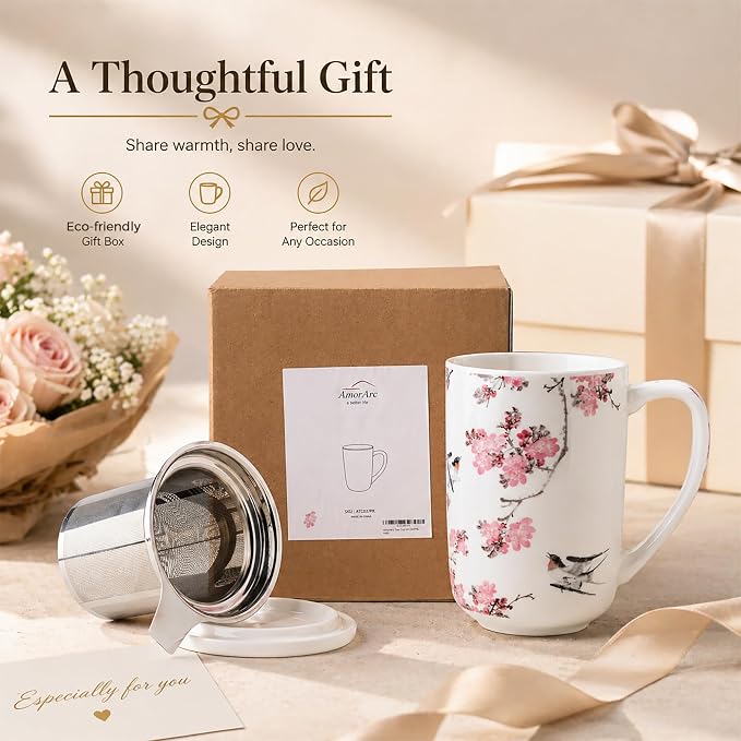 AmorArc Porcelain Tea Mug with Infuser and Lids, 18 Oz Coffee Cup Strainer with - Image 8