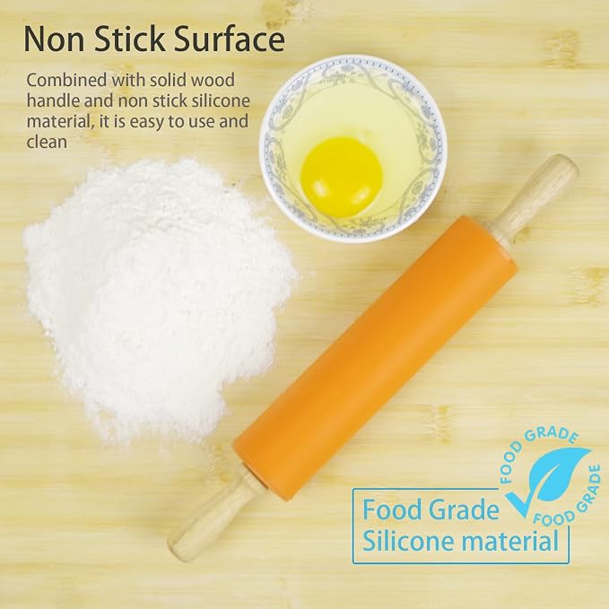 Silicone Rolling Pin for Baking Non-stick Rolling Pin Dough Roller Wooden - Image 4