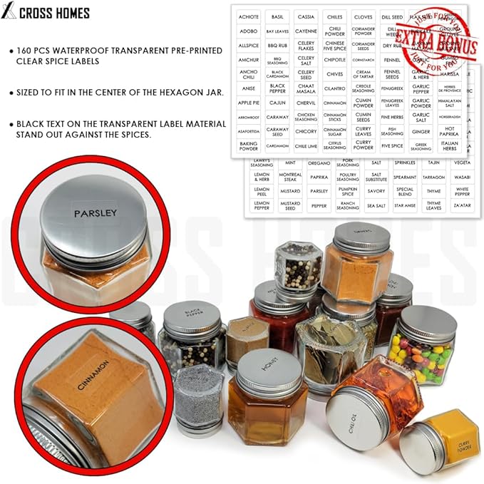 Magnetic Spice Jars Combo Pack 29 Pack Refrigerator Hexagon Glass Spice Jar - Image 5