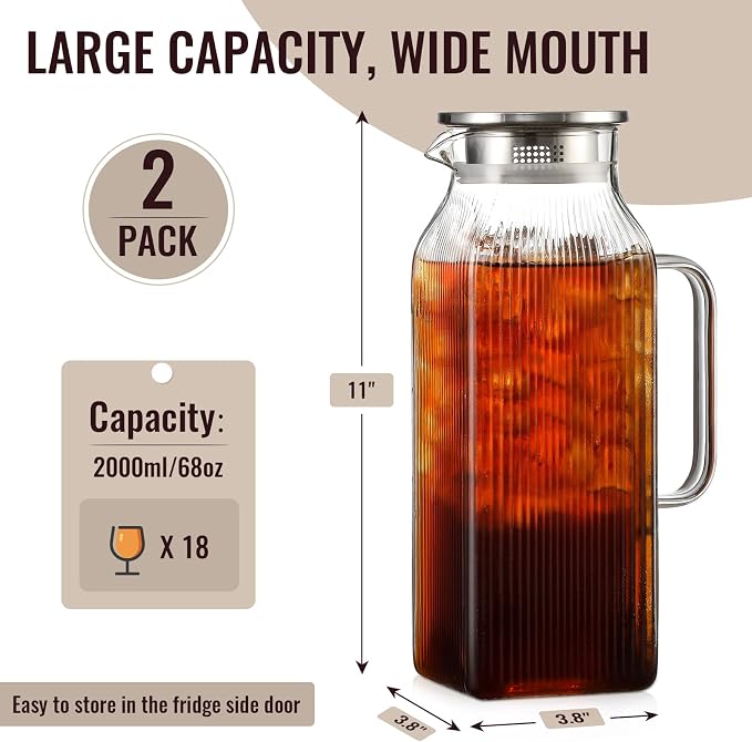 2 Pack 2 Liter/68 oz Square Glass Pitcher - Image 2