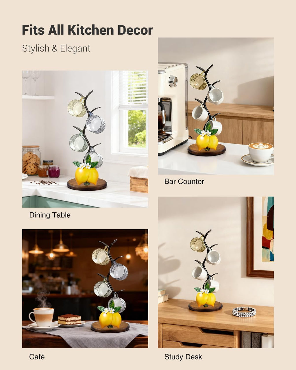 GAJ Lemon Mug Tree Coffee Cup Holder, Countertop Stand Holds 4 Cups