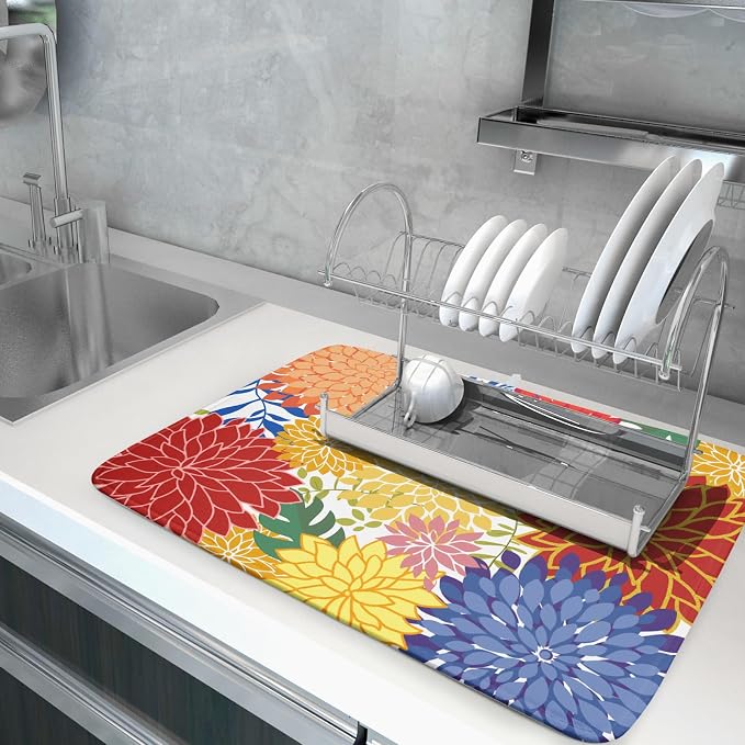Modern Floral Dish Drying Mat Large Multicolored Tropical Drying Pad - Image 5