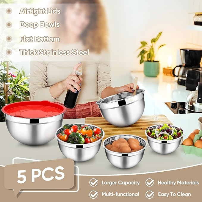TeamFar Mixing Bowls, 4.5/3/1.5/1/0.7 QT, Stainless Steel Metal Nesting Salad - Image 3