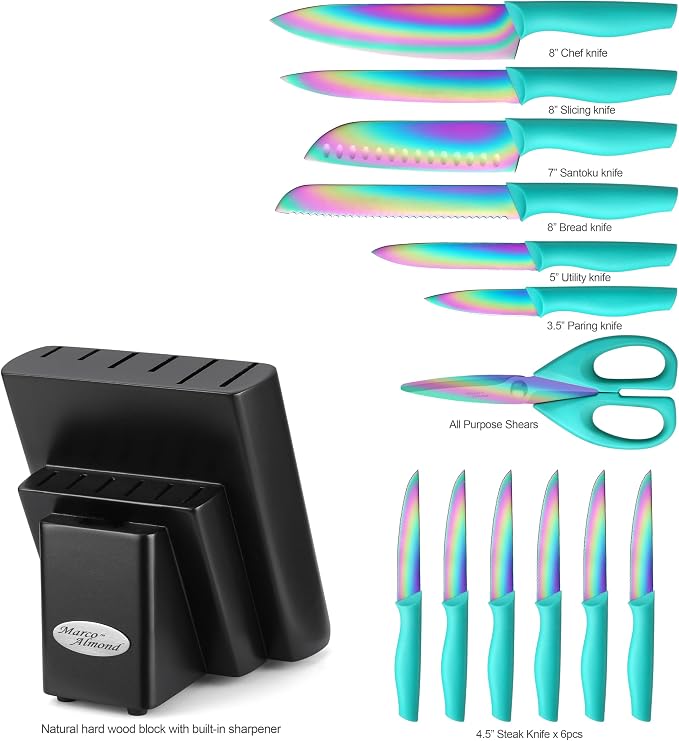Marco Almond Knife Block Set, Knife Set Rainbow Color, 14 Piece Stainless Steel - Image 2