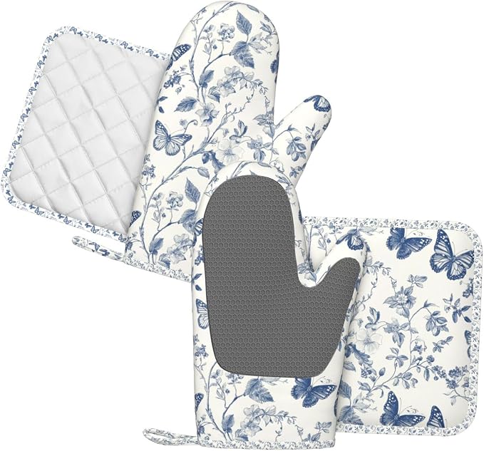 Oven Mitts and Pot Holders Butterfly Flower Vintage Blue Silicone Kitchen - Image 2