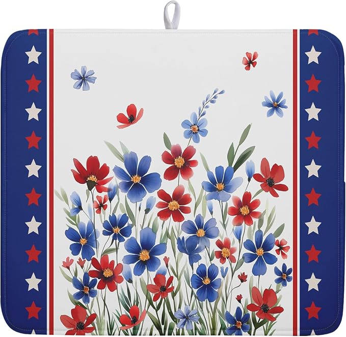 4th of July Dish Drying Mats for Kitchen Counter Patriotic Star Microfiber by Kawani