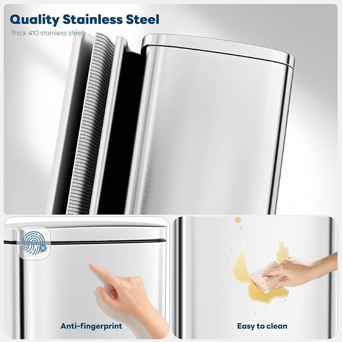 8 Gal Kitchen Trash Can, 30L Recycling or Garbage Bin, Brushed Stainless Steel - Image 3