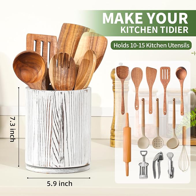 Wooden Utensil Holder, 360°Rotating 7.3'' Large Utensil Holder - Image 2