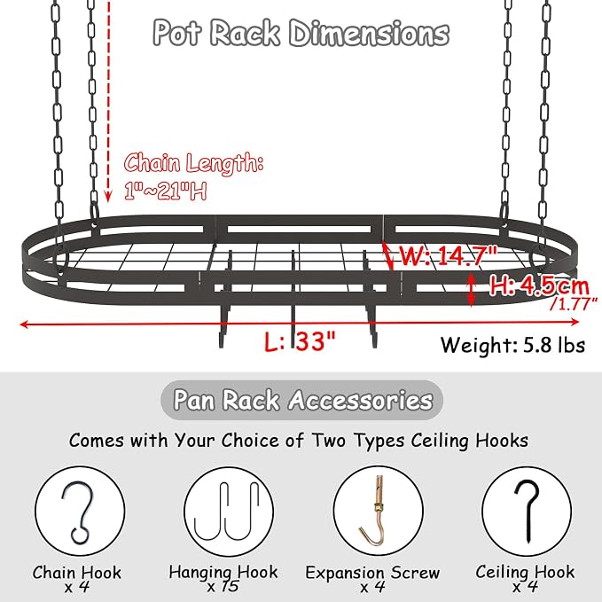 33” Hanging Pot Rack Ceiling Mount, Oval Pots and Pans Hanging Rack, Ceiling - Image 3