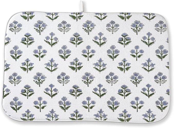 Vintage Blue Sage Green Floral Dish Drying Mat 18 x 24 Inch Block Print Floral by Sorktse