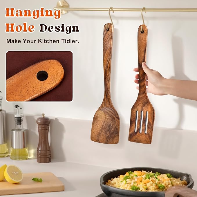 2Pcs Wooden Spatula, Acacia Solid & Slotted Turner Spatula Set, Long Handle - Image 4