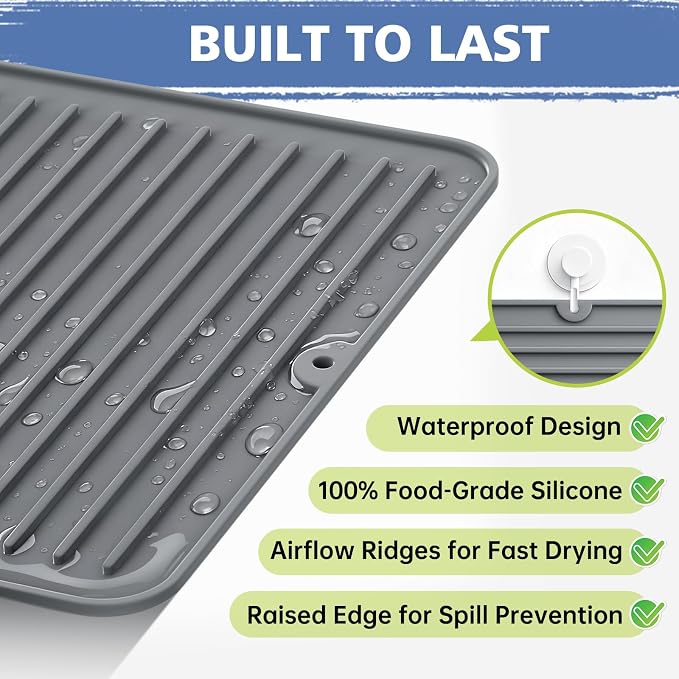 Songrey 24" x 18" Silicone Dish Drying Mat, Kitchen Counter Drying Pad - Image 2