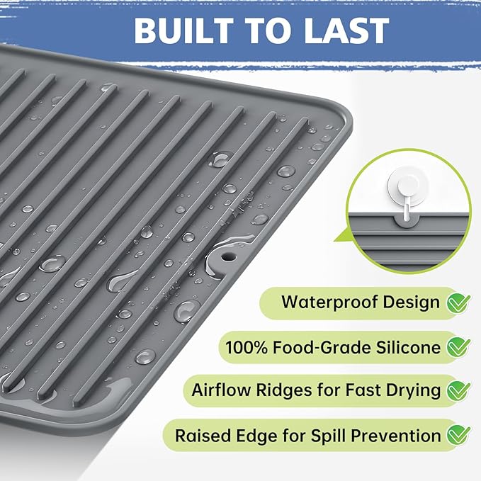 Songrey 28" x 18" Silicone Dish Drying Mat, Kitchen Counter Drying Pad - Image 2