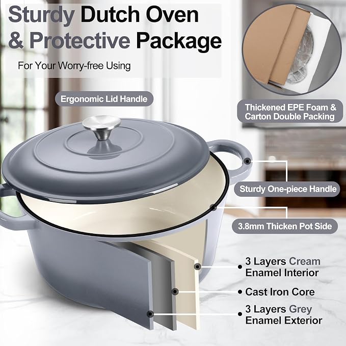 P&P CHEF 5QT Enameled Dutch Oven, Cast Iron Dutch Oven Pot - Image 3