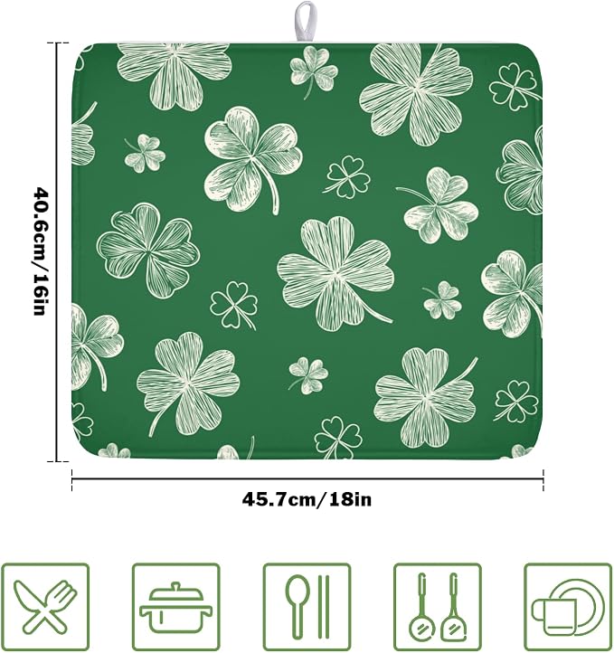 St Patrick's Day Dish Drying Mat 16 x 18 Inch Green Shamrock Dish Drainer Rack - Image 2