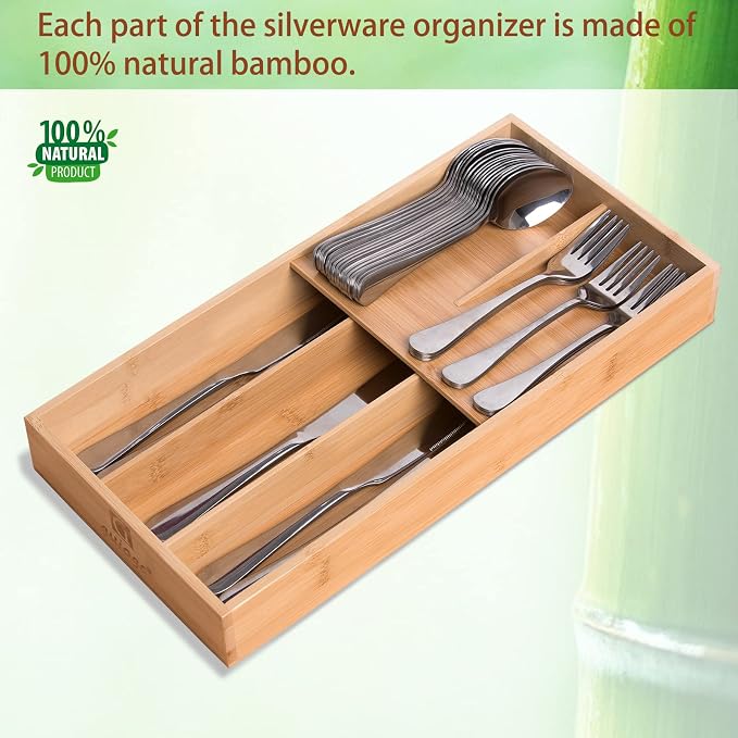 guiogc Bamboo Silverware Organizer, Kitchen Silverware Drawer Organizer - Image 4