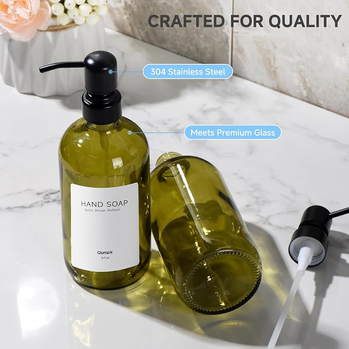 2 Pack Kitchen Soap Dispenser Set - 16oz Green Glass Dish and Hand Soap - Image 3