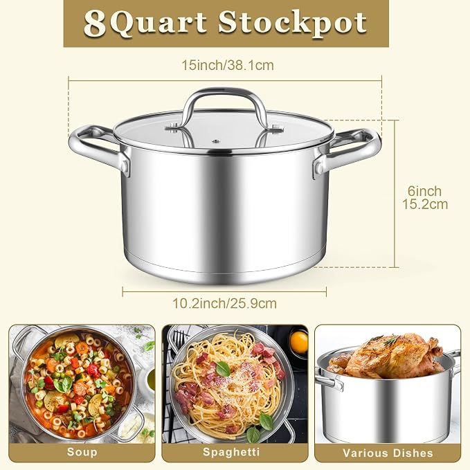 Leonyo Stainless Steel Stock Pot, 8 Quart Stock Pot - Image 2