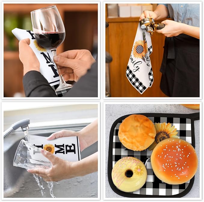 5 Pieces Buffalo Plaid Kitchen Towels Oven Mitts and Pot Holder Set Black and - Image 4