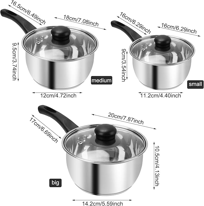 Stainless Steel Pot Set with Lid 6pcs, Sauce Pans 1QT & 2QT & 3QT Set, Triply - Image 3